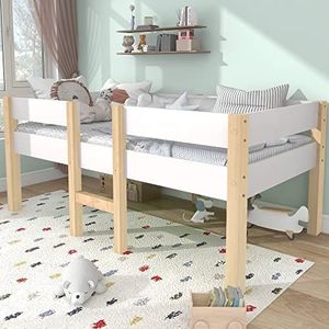Merax Houten bed eenpersoonsbed | kinderbed | 90 x 200 cm | massief hout | bedframe | lattenbodem | opbergruimte bed | valbeveiliging | grenenbed | wit & eiken