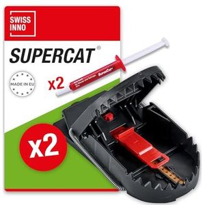 SWISSINNO rattenval PRO SuperCat: Effectieve, diervriendelijke rattenverwijdering zonder valse vangsten, met voedselaas, Blue Angel gecertificeerd. Binnen + buiten: 2x vallen + 2x lokaasspuit