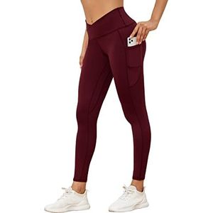 Everbellus Vrouwen High Waisted Yoga Broek met Zijzakken Workout Gym Leggings, Rood-Kruis, Groot, Rood-kruis, L