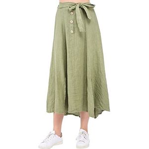 Bonateks Damesrok, 100% linnen, gemaakt in Italië, lange rok met knopen en riem, sjaal, licht kaki, Khaki Helder, XL