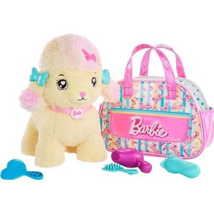 Barbie Knuffeldieren, kapperpoedel met thematische portemonnee speelset en 6 accessoires, pluche met licht en geluiden, Salon Pet Adventure, HPJ43