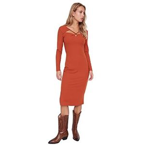 Trendyol Dames Dames Slanke Bodycon V-hals Gebreide Jurk, Tegel Rood, S, Tegel Rood, S