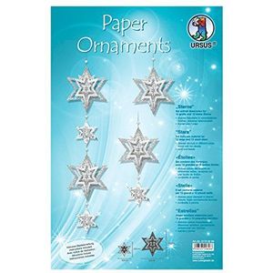 Ursus 21740099 - knutselset papieren ornamenten, sterren, wit/zilver, set met materiaal voor 12 grote en 12 kleine sterren, met knutselhandleiding (mogelijk niet beschikbaar in het Nederlands), ideaal