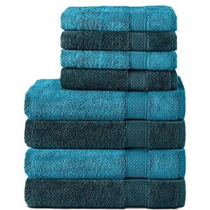 Komfortec Set van 8 handdoeken van 100% katoen, 4 badhanddoeken 70x140 en 4 handdoeken van 50x100 cm, badstof, zacht, groot, turquoise/petrol