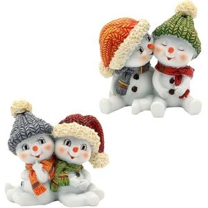 Sneeuwkinderen als set van 2, met muts en sjaal in rood, grijs, oranje en groen, zittend L/B/H 5,5 x 3,5 x 5,5 cm