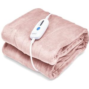 COSTWAY Elektrische deken 130 x 180 cm, warmtedeken met automatische uitschakeling, 4 temperatuurniveaus & 8 uur timer en PTC/NTC oververhittingsbeveiliging, machinewasbaar, knuffeldeken, roze