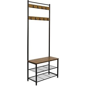 Meerveil Kapstok Stand, Schoenenrek, Kapstok Stand, Kledingrek, Schoenopslag Bank met 9 haken, Metalen Hall Boom, Metalen Frame voor slaapkamer, Living, Kamer hal (bruin), Retro