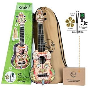 Ortega Guitars Soprano Ukelele - Keiki K2 ontworpen met Totemfiguren - inclusief tuner, 5 medium plectrums & trekkoord tas met Keiki-logo - kauwrihout (K2-TM)
