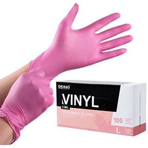 OKIAAS Wegwerphandschoenen, roze L, vinyl wegwerphandschoenen, poedervrij, 5 mil, 100 stuks, latexvrije handschoenen, wegwerp voor koken, barbecue, poetsen