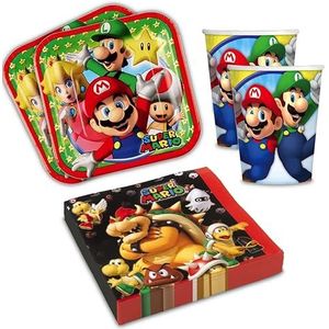 Super Mario Partyset voor 8 personen, set met tafeldecoratie, servies, Luigi Bros. Yoshi voor verjaardag, feest, jubileum, Halloween, kinderen, meisjes, 8 borden, 8 bekers, 20 servetten