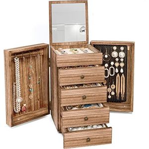 Meangood Sieradendoos hout voor wowen, 5-laags grote organizer box met spiegel & 4 laden voor ringen, oorbellen, kettingen, vintage stijl gebrand hout