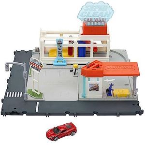 Matchbox Auto's Speelsets, Matchbox Autowasstraat Superschoon, realistisch licht en geluid, door kinderen en auto's geactiveerde functies, met 1 Matchbox auto, HNJ54