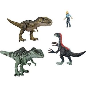 Jurassic World Dominion Epische Gevechtsset, 3 dinosaurussen en 1 mens, realistische figuren, fysiek en digitaal spel, vanaf 4 jaar