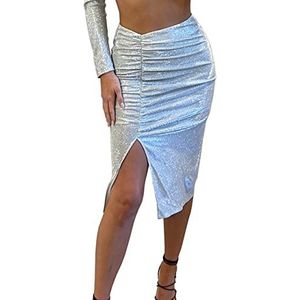 Zilveren Glitter Ruches Split Midi Party Rok, ZILVER, 40