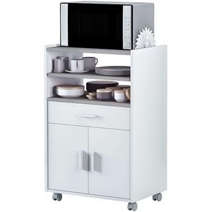 Extra kast voor magnetron, keukentafel met een lade en twee deuren, wit en cementkleur, afmetingen: 92 cm (hoogte) x 59 cm (breedte) x 40 cm (diepte)