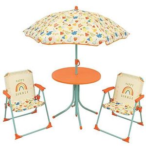 FUN HOUSE 46 x Ø46, 2 53XL.38,5XP 1 H.125XØ voor kinderen, FRUITY'S tuinmeubelen, tafel, hoogte 46 x Ø 46 cm, twee stoelen, 53 x 38,5 x 38,5 x 37,5 cm en een parasol hoogte 125 x Ø 100 cm, meerkleurig