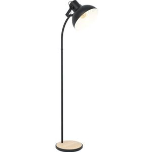 EGLO vloerlamp Lubenham, vintage woonkamerlamp in industrieel ontwerp, staande lamp retro van staal en hout, kleur zwart, bruin, E27 fitting, FSC-gecertificeerd, incl. voetschakelaar