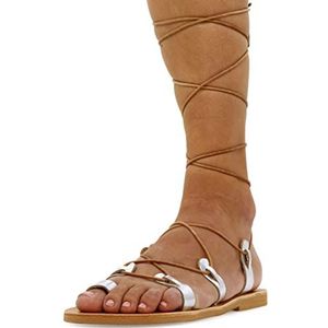 37 Silver Emmanuela Kalf Hoge lederen sandalen in Oude Griekse stijl, handgemaakte gladiator bindingandalen, hoge kwaliteit Riemchen zomerschoenen, boho chique teen ring lace-up sandalen