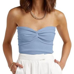 EFAN Womens Tube Tops Summer Sweater Twist Knot Front Knit Bandeau Strapless Ribbed Sleeveless Y2K Corset Crop Top Baby Blue XS