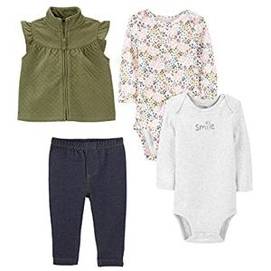 Simple Joys by Carter's baby-meisjes 4-delige bodysuit en vest set, Grijs/Indigo/Olijf/Witte Bloemen, pasgeborene