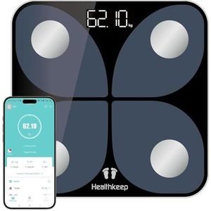 Digitale weegschaal voor lichaamsvet, met app, bluetooth, BMI, spiermassa, proteïne, BMR, testwinnaar, 26 x 26 cm