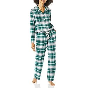 Amazon Essentials Dames flanellen pyjama met lange mouwen en knopen aan de voorkant en broek pyjamaset, donkergroen wit geruit, groot