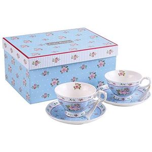Koffie thee kopjes en schotels set van 2 vintage bloemen flora roos lavendel geschenkdoos