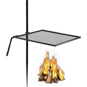 VEVOR 1 laag draaibaar kampvuurrooster 153,5 cm hoog draaibare campinggrill met kooknet 61 x 61 cm zware stalen grillrooster voor open haard barbecue outdoor camping reizen