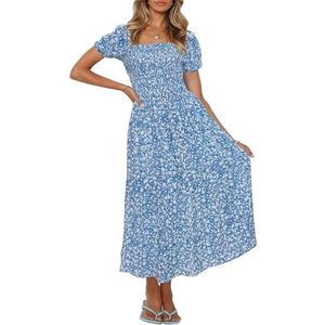 ZESICA Women's 2025 Summer Boho Floral Print Square Neck Ruffle Swing Beach Long Maxi Dress,Blue2,Medium