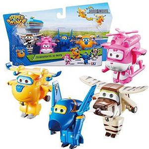 Super Wings Transform-a-Bots 4pk-Donnie/Dizzy/Jerome/Bello Transformers Speelfiguren, Transformeerbare Speelvliegtuigen en Robot Karakters, Speelgoed voor Kinderen 3+ jaar - 5cm, Multi Collour