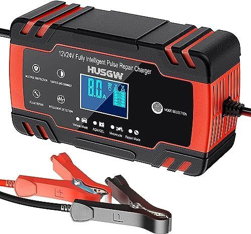 12V/24V 8A intelligente acculader, beheerder van de acculader en autoreparatiefunctie Draagbaar met LCD-scherm, voor auto, motorfiets, vrachtwagen, AGM, gel, nat, SLA (8-100AH) (zwartrood)