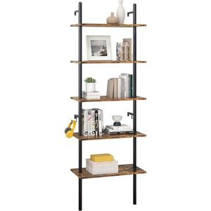 Industriële ladderplank 5-laags boekenkastrek 180 cm opslageenheid met metalen frame zwevende wandplank voor woonkamer, kantoor, slaapkamer