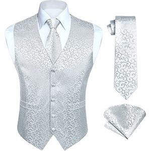Enlision Men's Gilets Paisley White Bruiloft Gilet Tie Pocket Square Jacquard Feest Suit Vest Set XL