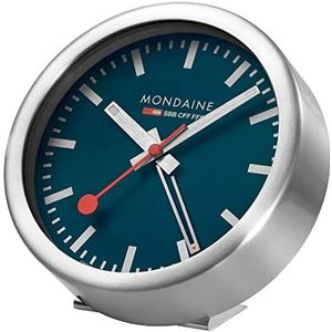 Mondaine Mini wandklok en wekker met behuizing van aluminium in zilver, kleur wijzerplaat: diepzeeblauw, diameter: 12,5 cm, A997MCAL46SBV