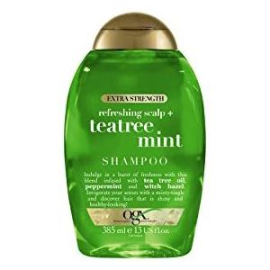 OGX Refreshing Scalp Teatree Extra Strong Shampoo (385 ml), verzorgende en verkwikkende haarverzorgingsshampoo met theeboomolie, munt en toverhazelaar, verfrissende glans shampoo, sulfaatvrij (1 stuk)