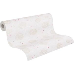 Kinderkamerbehang Lilly & Luis by A.S. Création: vliesbehang met cirkels, 10,05 m x 0,53 m, beige, crème, roze, made in Germany, 771393.