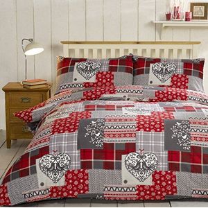 Alpine Patchwork beddengoedset van 100% geborsteld katoen-fijn flanel, met hartmotief, dekbedovertrek en 2 kussenslopen, rood/meerkleurig, maat Superkingsize