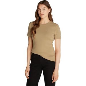 Tommy Hilfiger Dames nieuwe Slim Cody C-NK SS WW0WW40587 S/S gebreide tops, kaki, XXS, Kaki (Safari Canvas), XXS