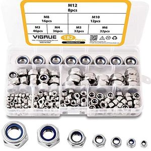 VIGRUE 182 stuks DIN 985 borgmoeren, zeskantmoeren, borgmoeren, stopmoeren, A2-70 roestvrij staal, moeren, nylon, zelfborgende zeskantmoeren, 7 maten, M3, M4, M5, M6, M8, M10, M12