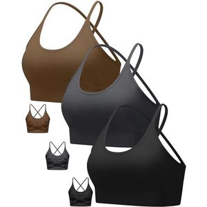 RUNNING GIRL Sports Bras for Women,High Support Seamless Padded Strappy Sports Bras for Women 3 Pack with Removable Pads(2935Black+Grey+Brown_M)