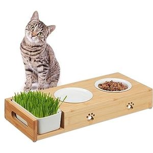 Relaxdays dubbele voerbak kat, met kattengras bakje, 2 keramische eetbakjes à 250 ml, vaatwasserbestendig, natuur/wit