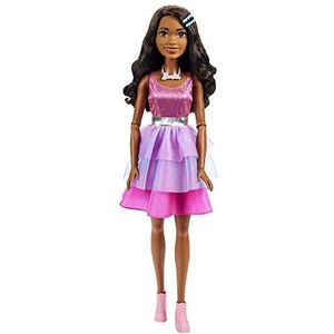 Grote Barbie pop met zwart haar, 71 cm lang, glanzende roze jurk met ketting en haaraccessoires HJY03