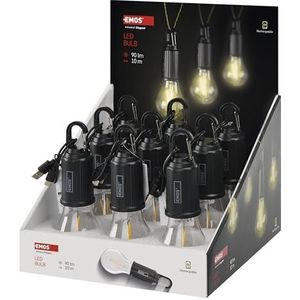 EMOS Oplaadbare led-gloeilamp, 9 stuks, waterdichte feestlamp op batterijen, met haak en 3 verlichtingsmodi, voor outdoor, tuin, camping, decoratie, stroomuitval, zwart