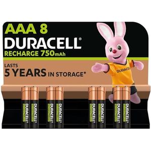 Duracell Oplaadbare AAA-batterijen (8 stuks), 750 mAh NiMH, 1000 laadbeurten, vooraf opgeladen, voor een lange levensduur