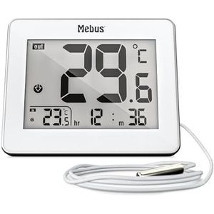 Mebus digitale thermometer met bekabelde buitensensor meet binnen- en buitentemperatuur, tijd, min/max-waarden, metalen behuizing, kleur: wit, model: 01074