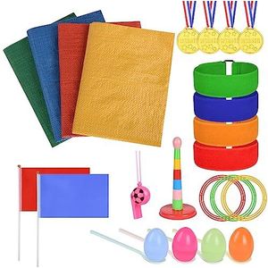 Sportdagset, 33-delige set buitenspelletjes, zakrace, ei en lepel, 3-benige race, ringwerpspel, medaille en fluitjes, achtertuin spel verjaardagsfeestje spelletjes kit voor kinderen en familie