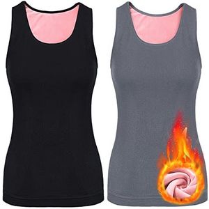 2 stuks dames fleece tanktops mouwloos thermisch ondergoed thermisch onderhemd katoen thermo shirts, zwart, grijs, M
