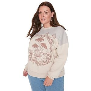 Trendyol Dames sweatshirt met ronde hals, effen, normale grote maten, Beige, XXL grote maten