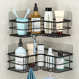 Menbyci 2-pack hoekdouche Caddy, zelfklevende badplank met haken, roestvrij staal 304 roestbestendige badkuipaccessoires organizer, opbergrek shampoorek wandgemonteerde organizer (zwart)