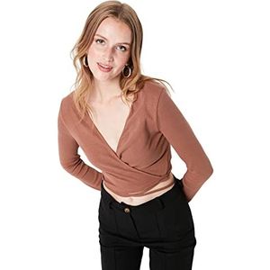 Trendyol Dames getailleerde Wrapover double-breasted gebreide blouse, Lichtbruin, M